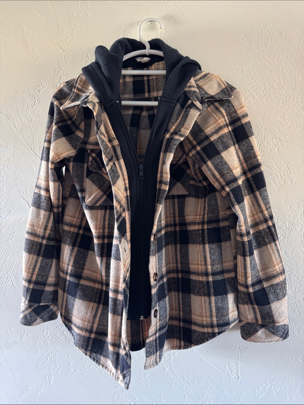 Hem & Thread Black and Tan Plaid Utility Jacket with Removable Hoodie